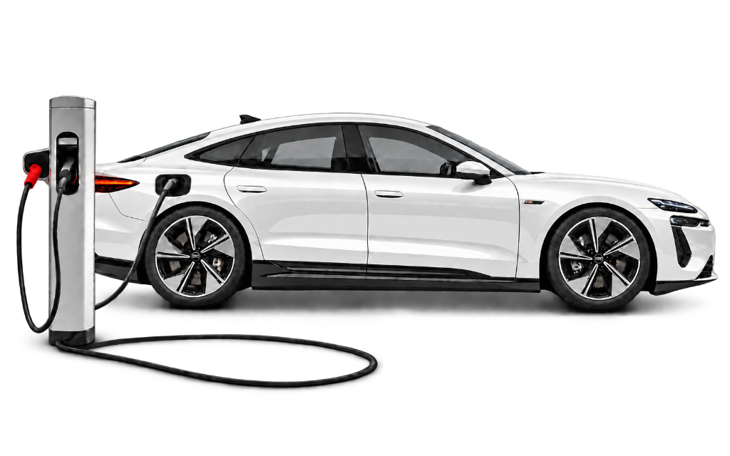 Electric fastback sedan plugged into a charger