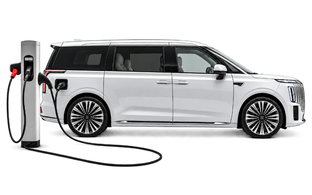 Electric minivan plugged into a charger