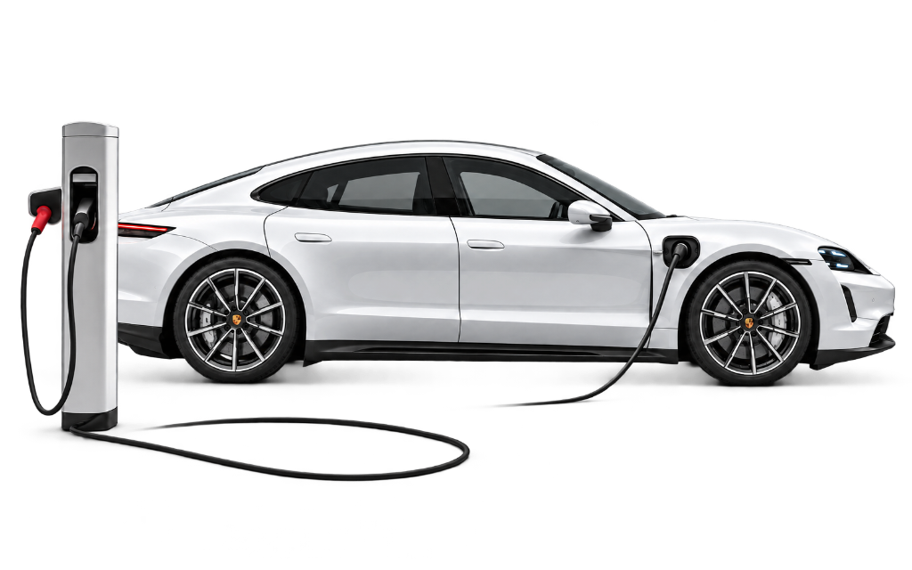 Electric sports sedan plugged into a charger